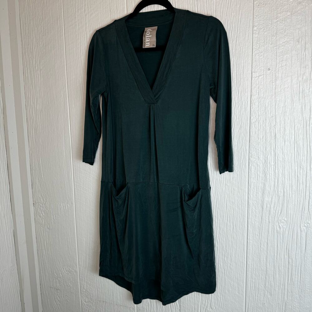 Dolan Left Coast Anthropologie Cupro High Low V-Neck 3/4 Sleeve Green Dress XS - Picture 5 of 11
